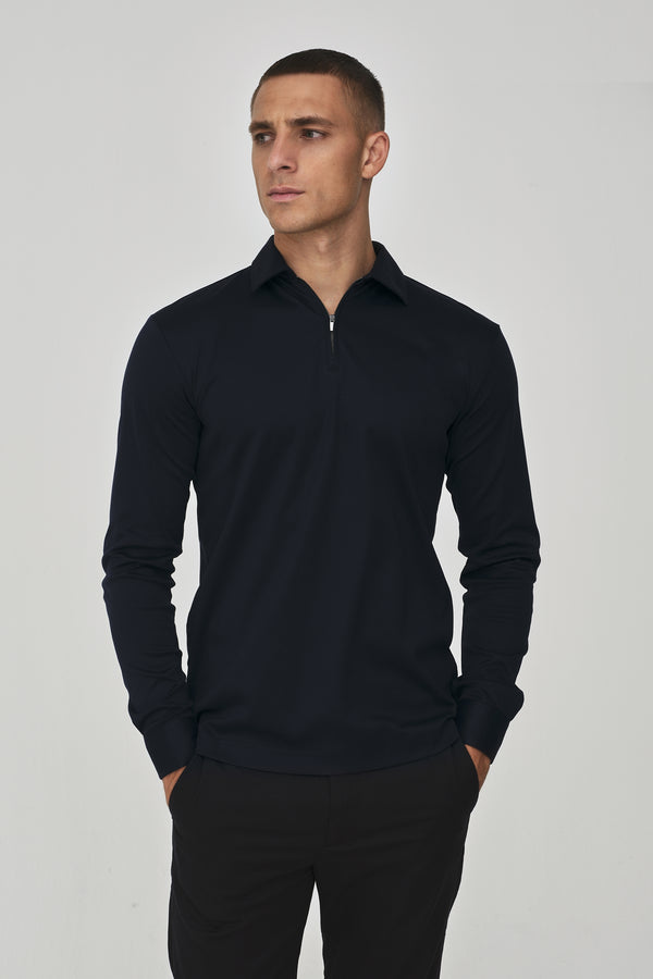 Polo Supima con Zip Maniche Lunghe | Blu Navy