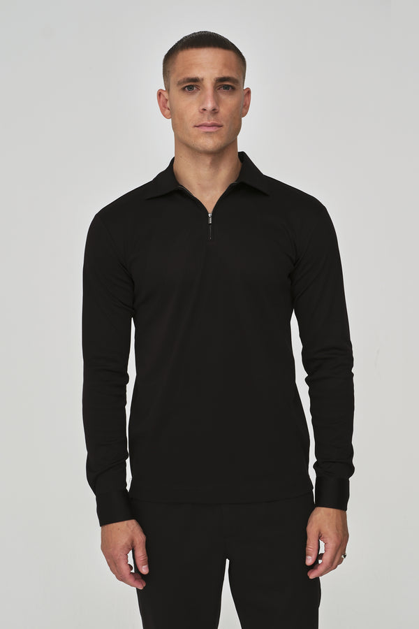 Supima Polo Zip Collar L/S | Black