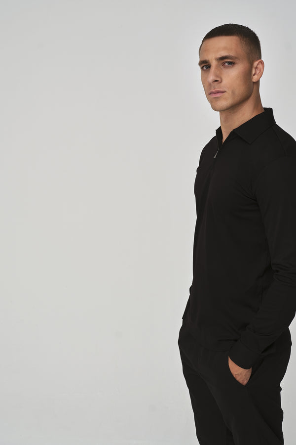 Supima Polo Zip Collar L/S | Black