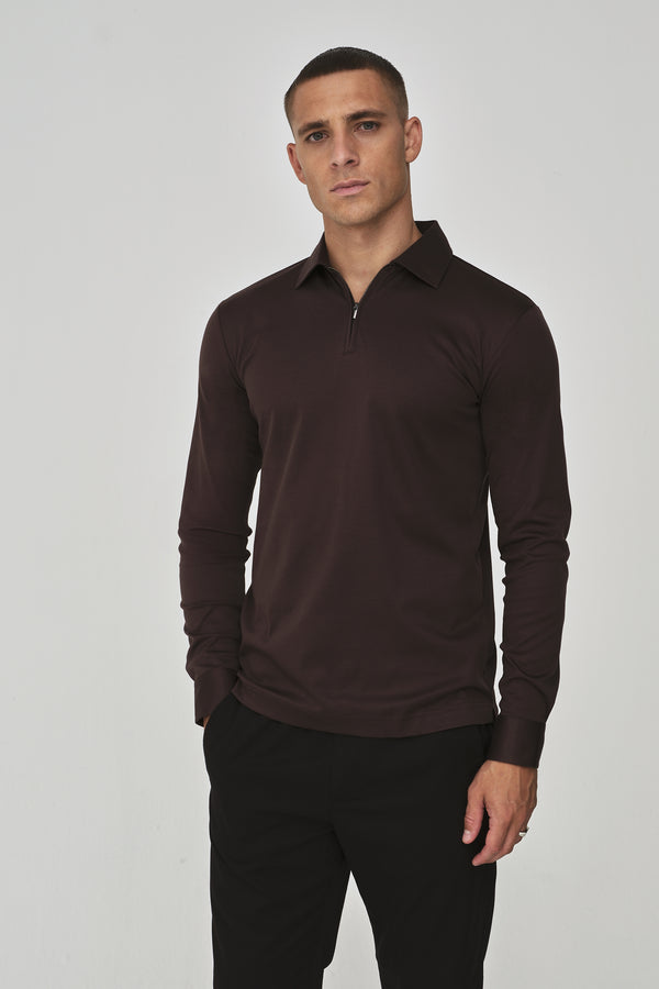 Supima Polo Zip Collar L/S | Ebony Brown
