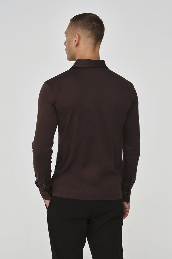 Supima Polo Zip Collar L/S | Ebony Brown