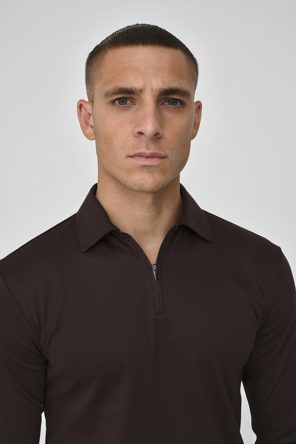 Supima Polo Zip Collar L/S | Ebony Brown