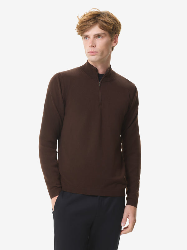 Cashwool Extrafine Merino Quarter Zip | Dark Brown