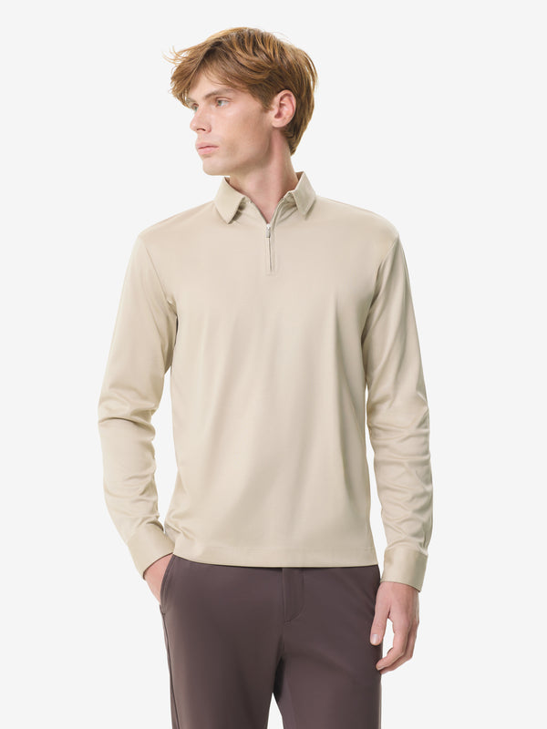 Supima Polo mit Reißverschluss Lange Ärmel | Beige
