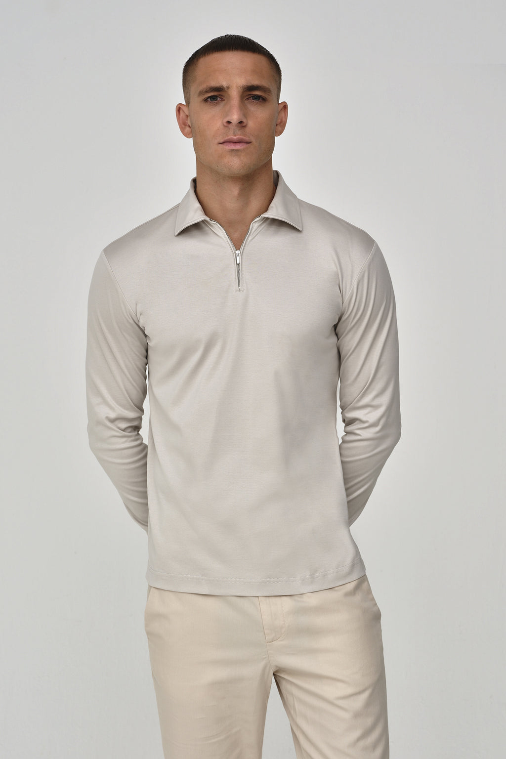 Supima Polo Zip Collar L/S | Pearl Grey