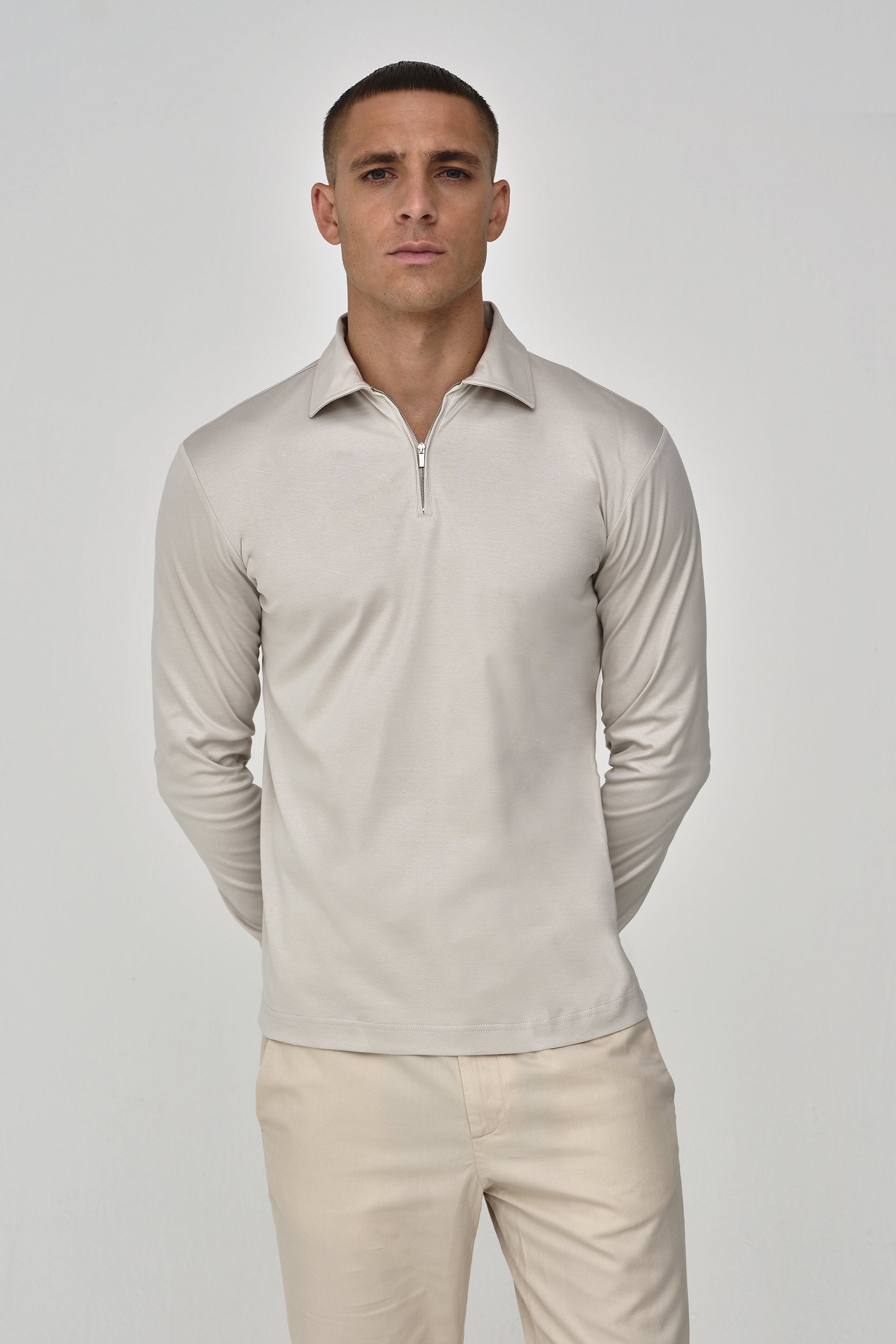 Supima Polo Zip Collar L/S | Pearl Grey
