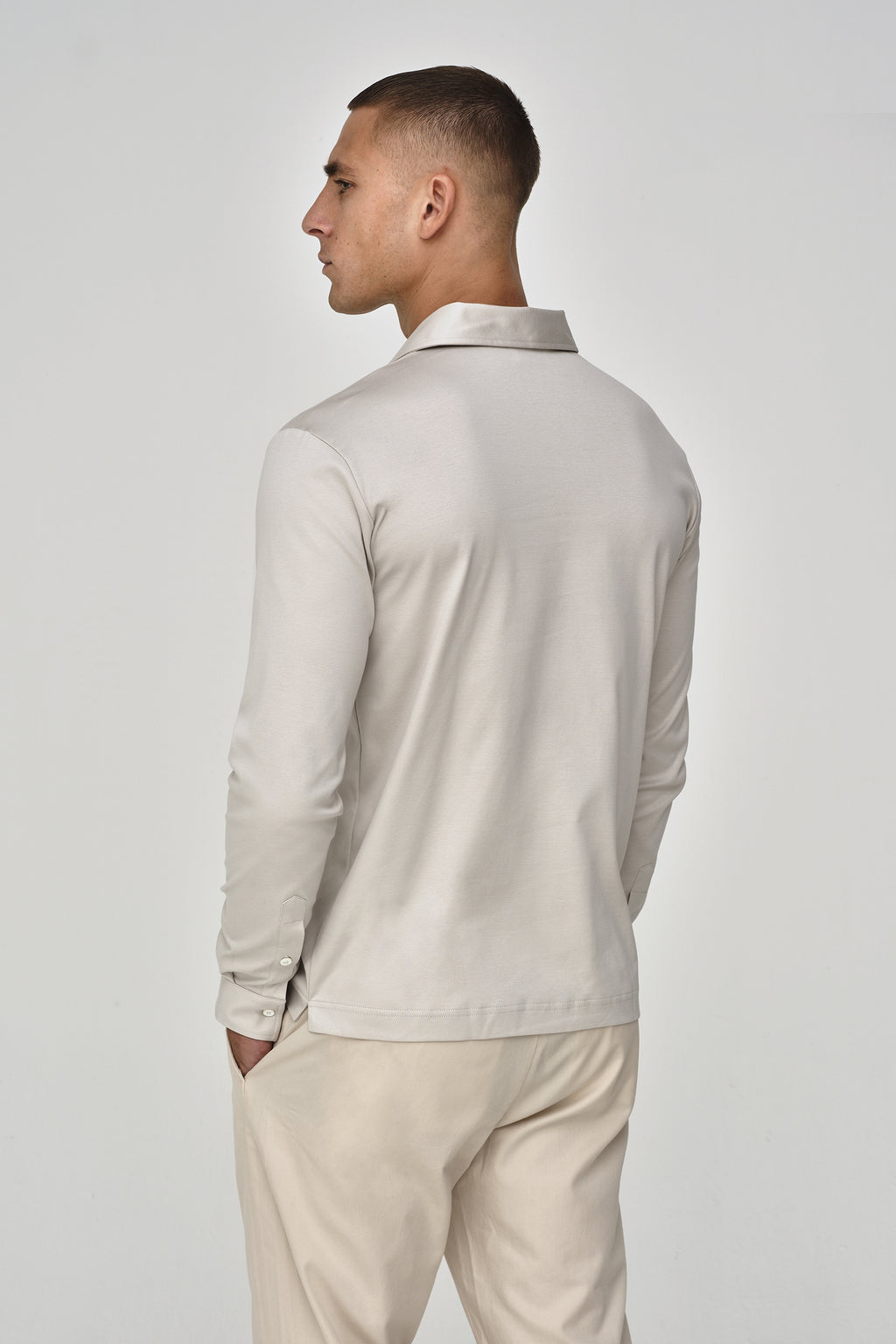 Supima Polo Zip Collar L/S | Pearl Grey