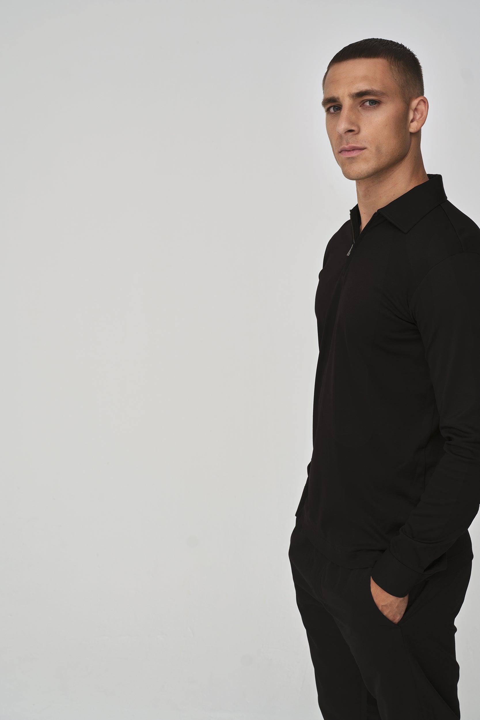 Supima Polo Zip Collar L/S | Black
