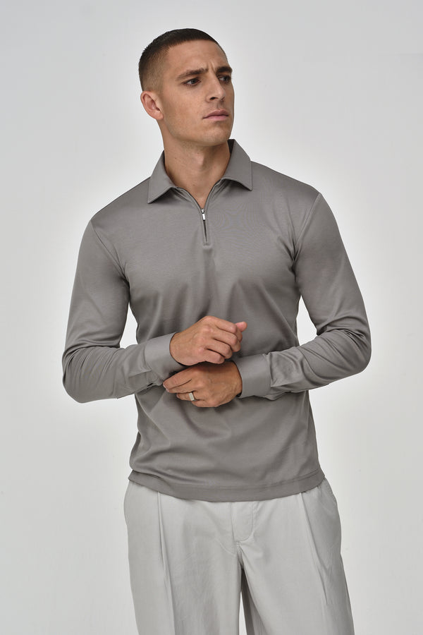 Supima Polo Zip Collar L/S | Grey