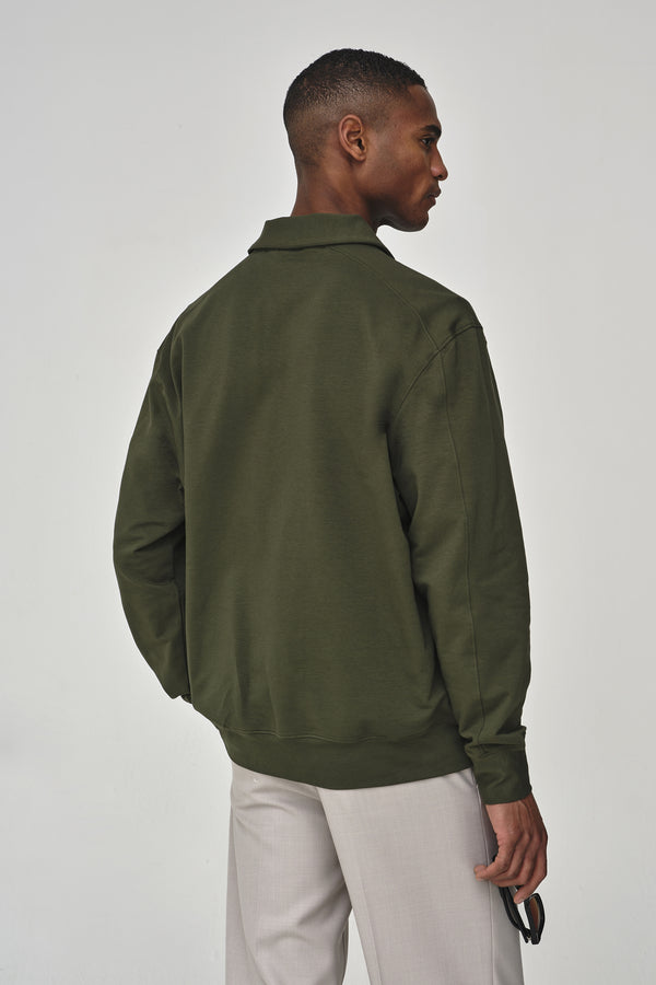 Stretch Cotton Oversized Polo Zip Sweater | Green
