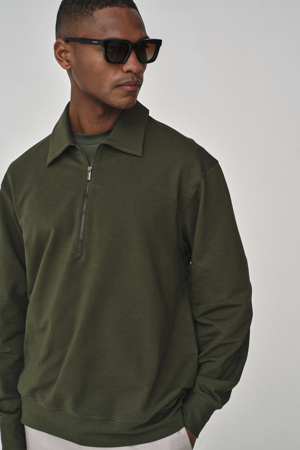 Stretch Cotton Oversized Polo Zip Sweater | Green