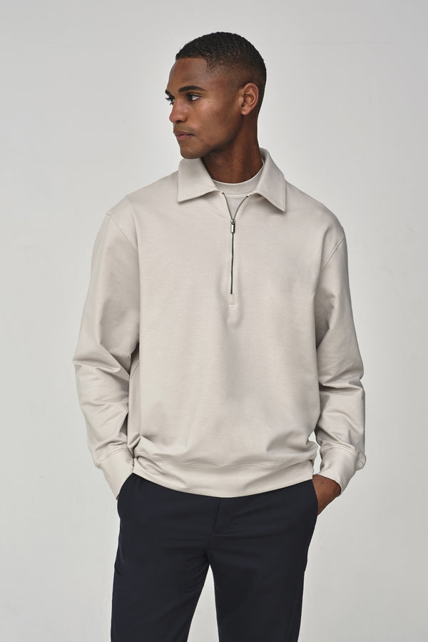 Stretch Cotton Oversized Polo Zip Sweater | Pearl Grey