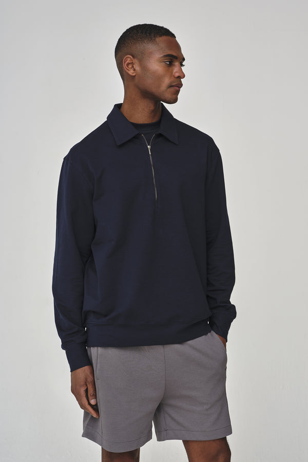 Stretch Cotton Oversized Polo Zip Sweater | Navy