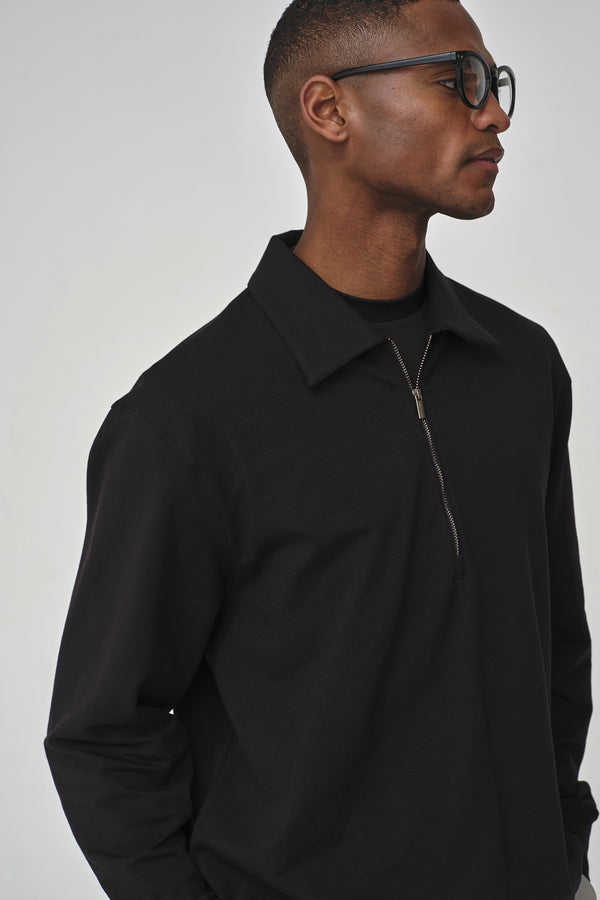 Stretch Cotton Oversized Polo Zip Sweater | Black