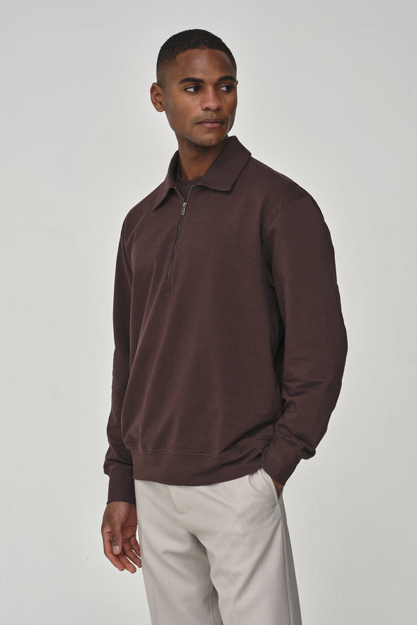 Stretch Cotton Oversized Polo Zip Sweater | Ebony Brown