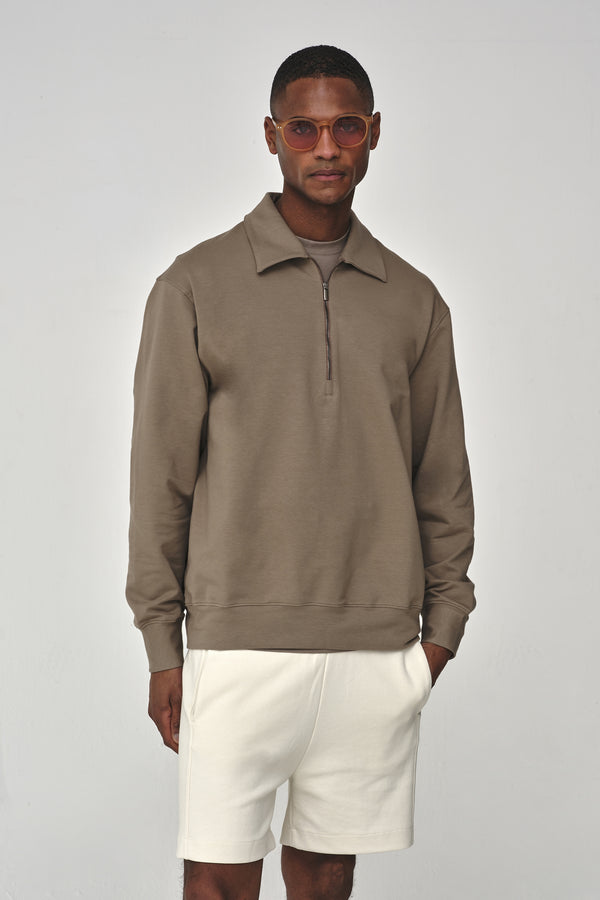 Stretch Cotton Oversized Polo Zip Sweater | Lead Grey