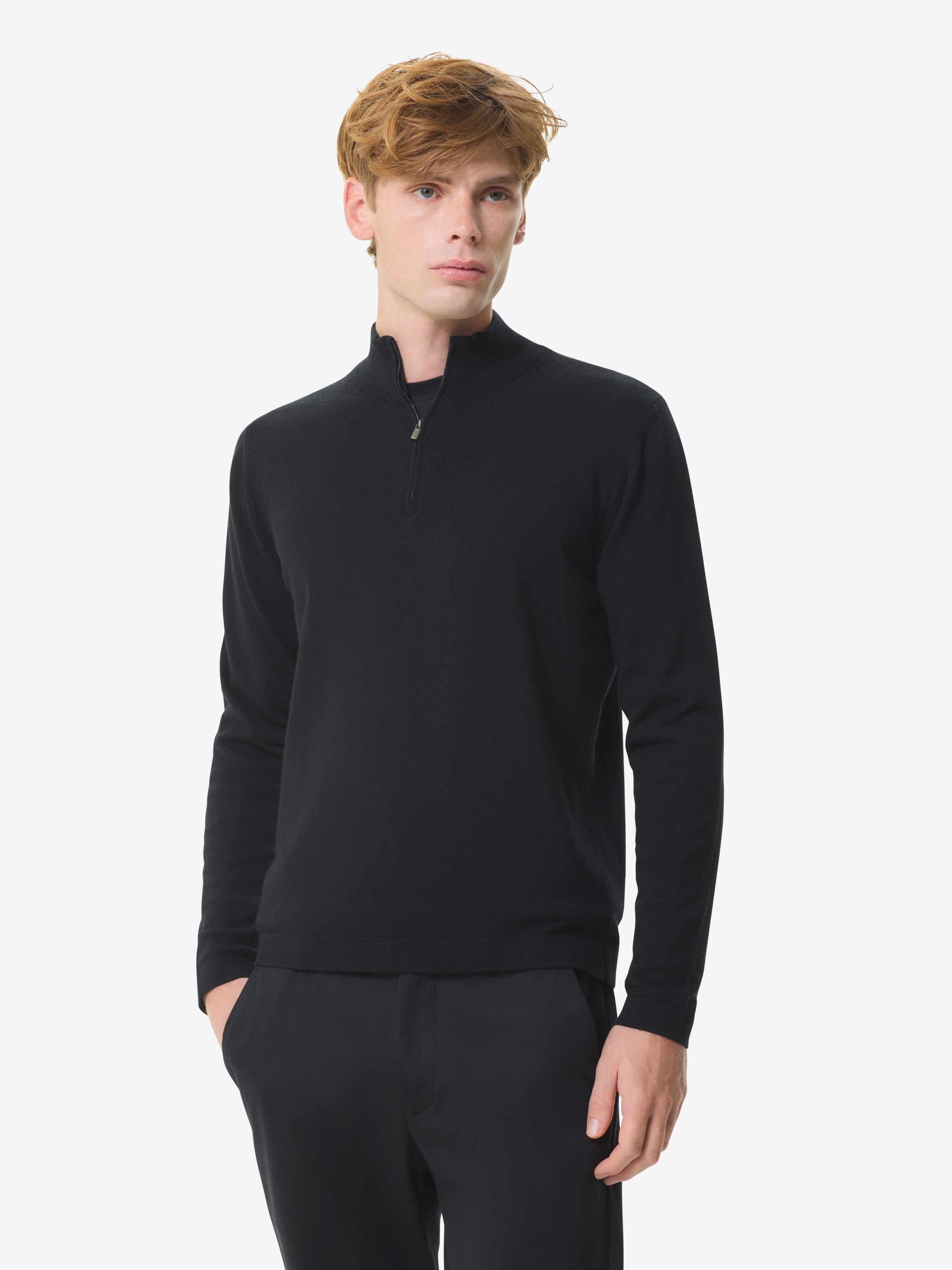 Cashwool Extrafine Merino Quarter Zip | Black