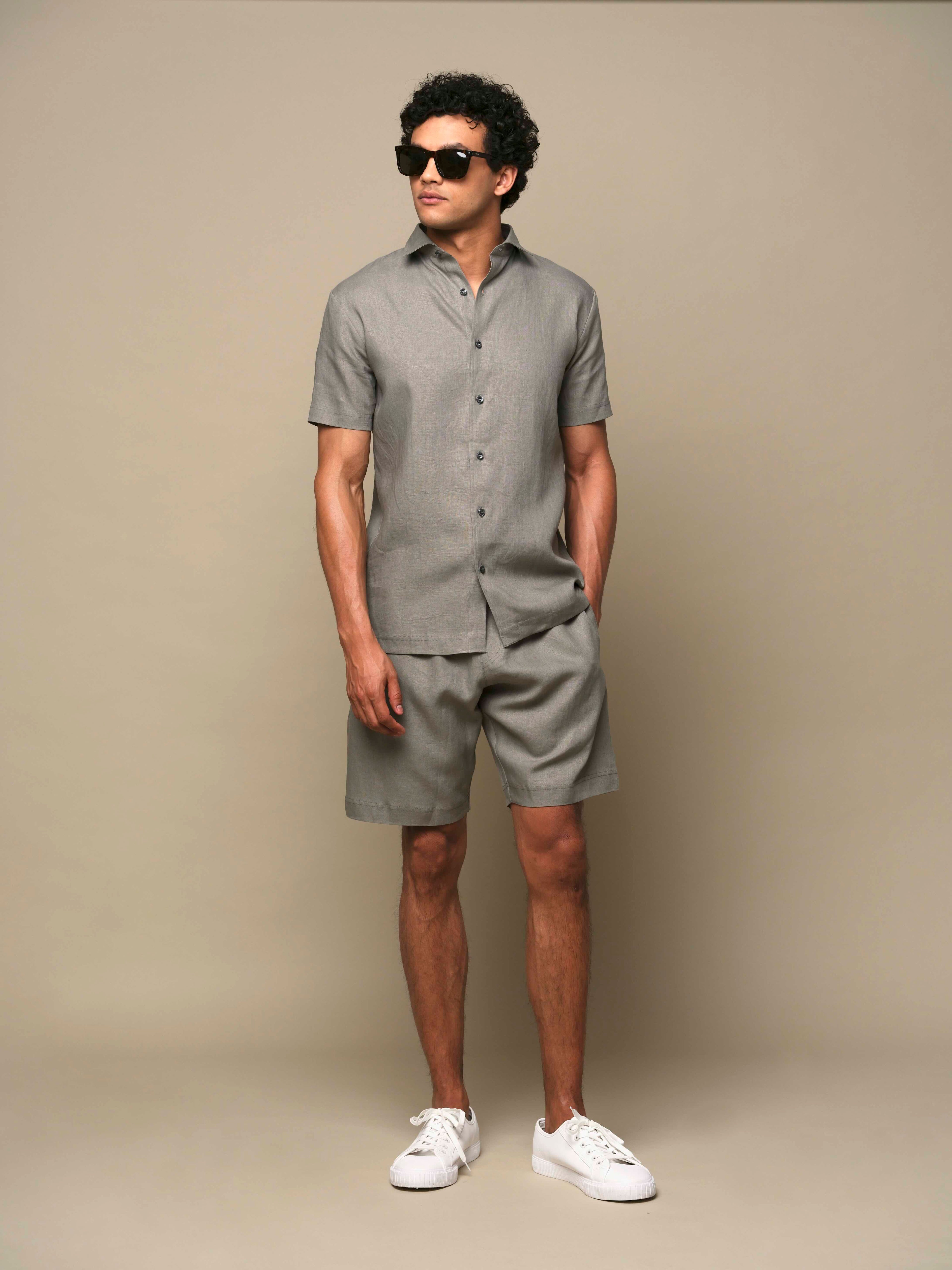 Linnen Stretch Shirt Korte Mouwen | Saliegroen