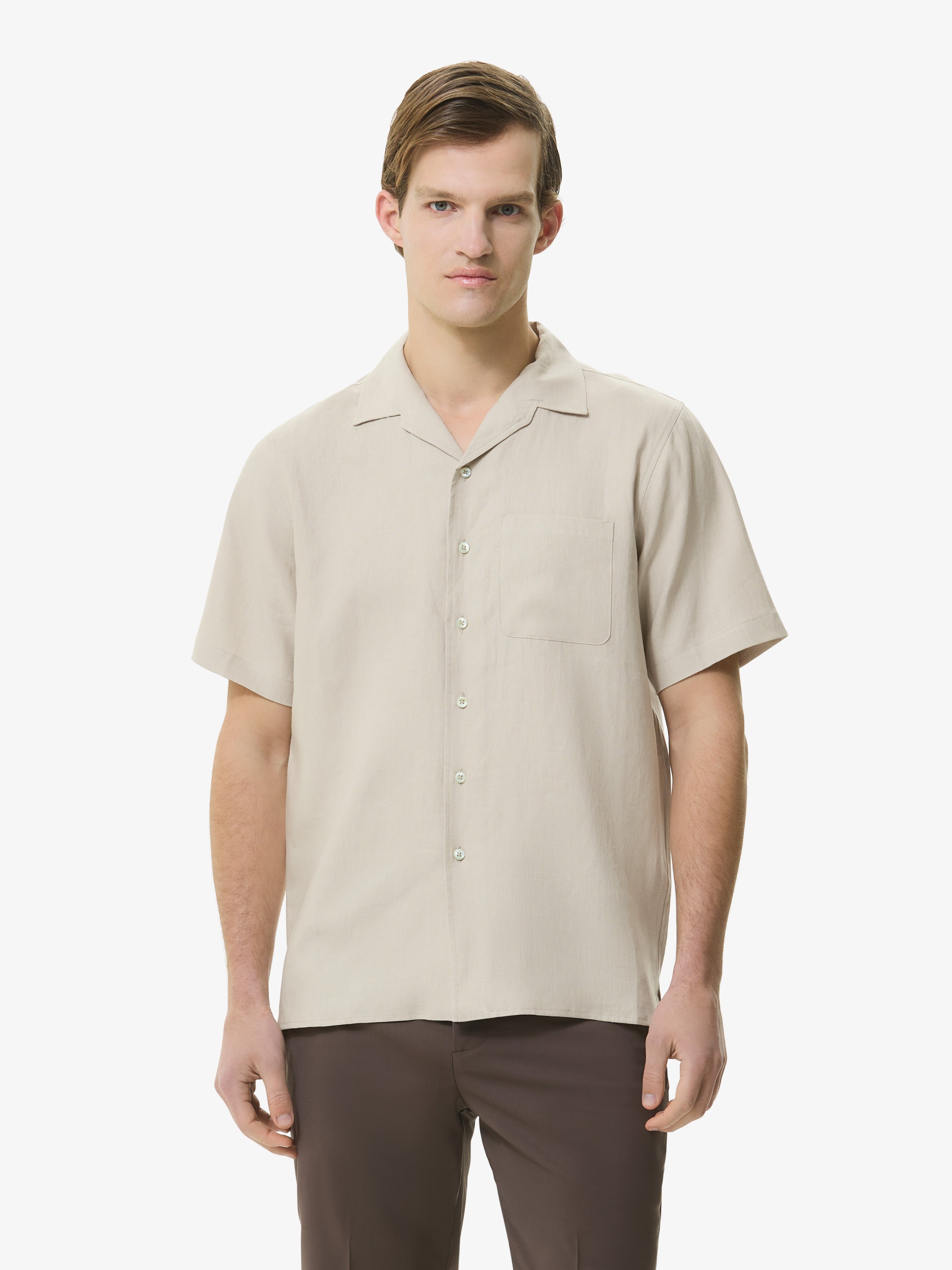 Linen Stretch Bowling Shirt S/S | Light Beige