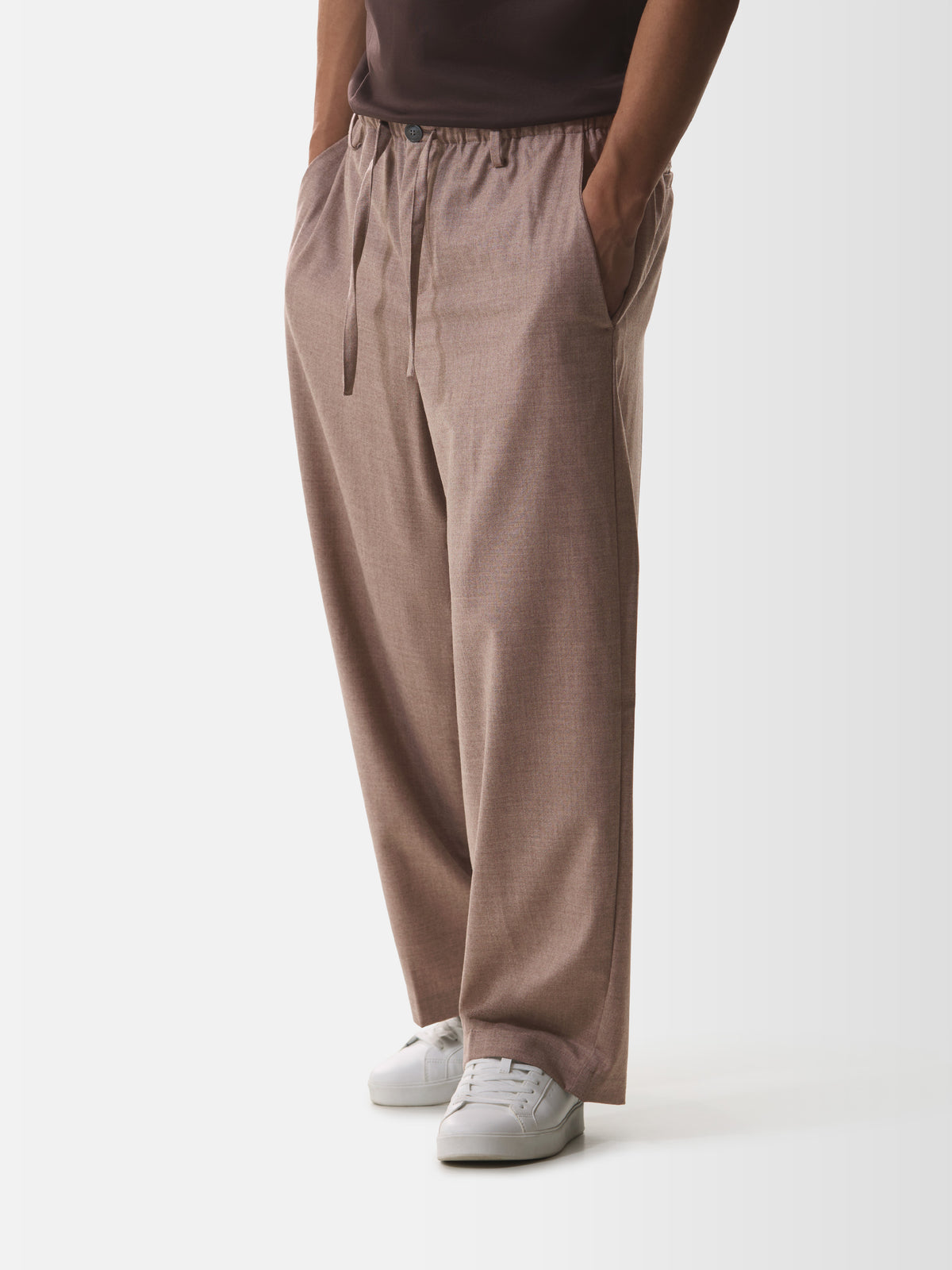 Flannel Stretch Barrel Leg Trousers | Light Taupe Melange