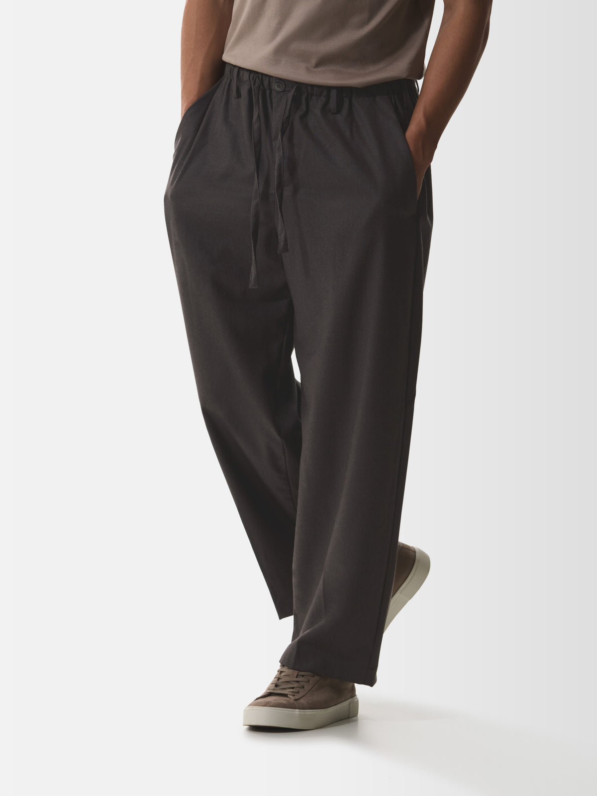 Flannel Stretch Barrel Leg Trousers | Dark Brown Melange