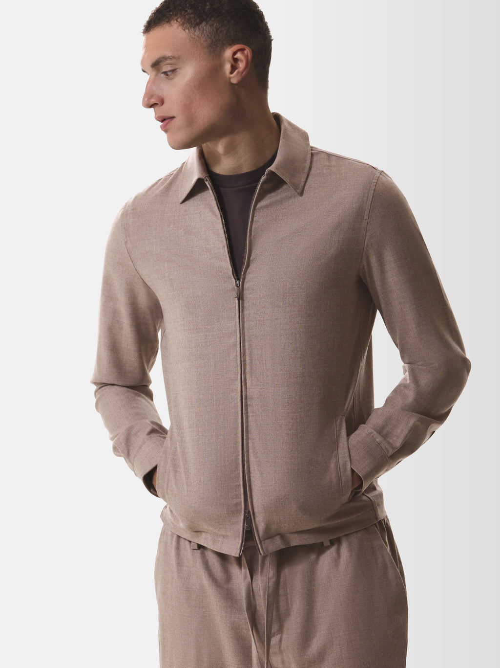 Flannel Stretch Zip Overshirt | Light Taupe Melange