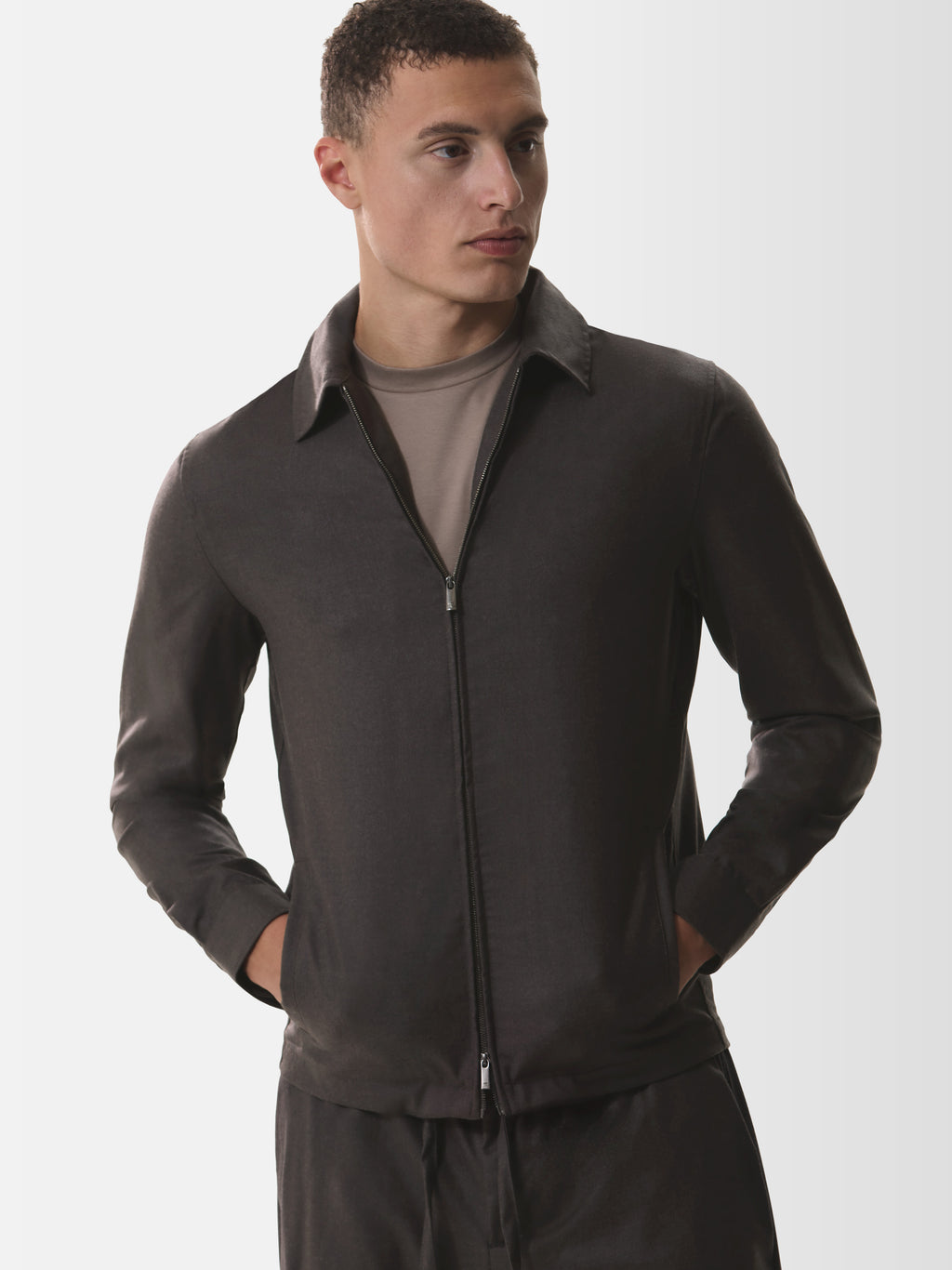 Flannel Stretch Zip Overshirt | Dark Brown Melange