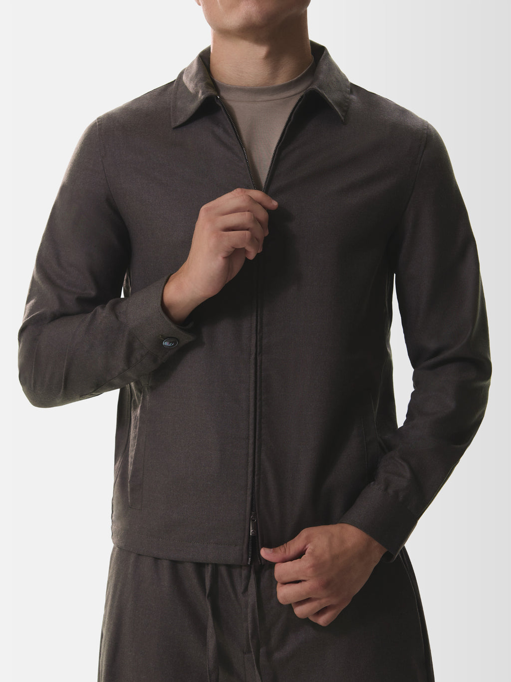 Flannel Stretch Zip Overshirt | Dark Brown Melange