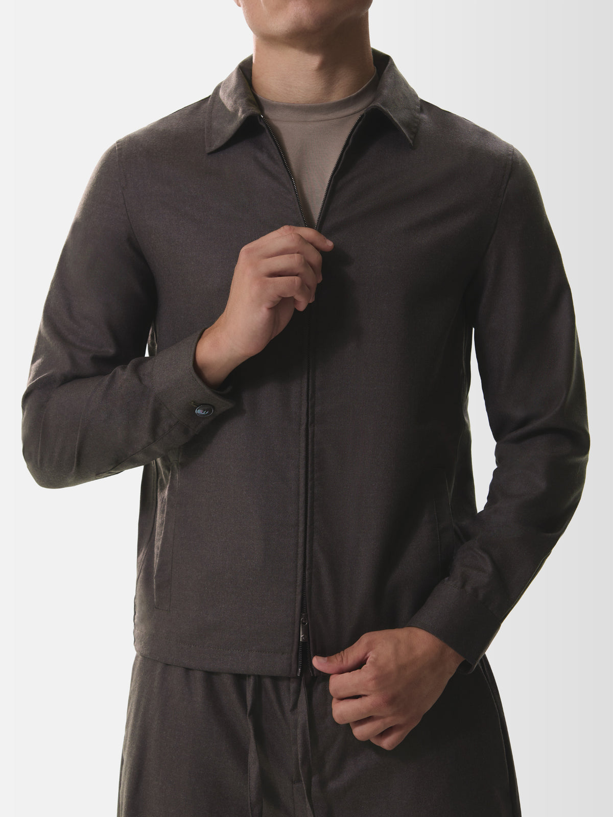 Flannel Stretch Zip Overshirt | Dark Brown Melange