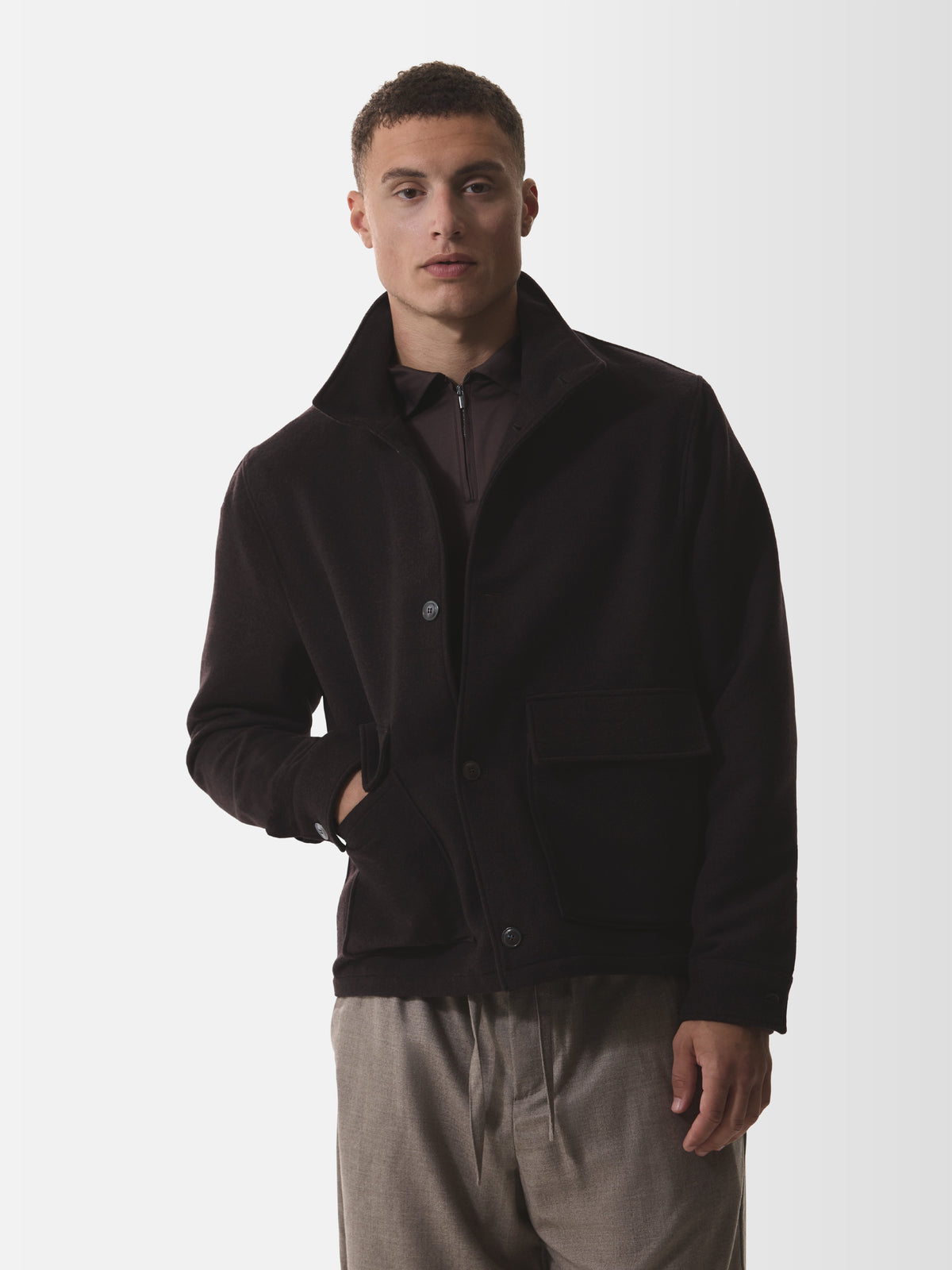 Cashmere Funnel Neck Jacket | Dark Brown Melange